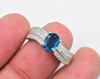 Bague topaze bleue de Londres naturelle 6 x 8 mm, bague solitaire, argent sterling 925, pierre de naissance décembre, bague de promesse, bague de fiançailles, cadeau pour elle