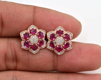 Orecchini a bottone con rubino naturale da 4 x 3 mm, argento sterling 925, orecchini a grappolo, oro rosa vermeil 14 carati, pietra portafortuna di luglio, gioielli con rubino, regalo per lei