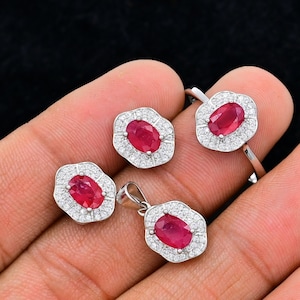 7x5 MM Oval Natural Ruby Jewelry Set, 925 Sterling Silver, July Birthstone, Solitaire Ring, Ruby Jewelry, Wedding Jewelry Set, Gift For Her
