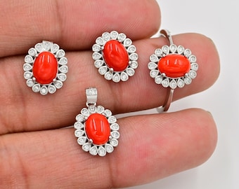 Parure de bijoux en corail rouge naturel, argent sterling 925, parure de proposition de mariage, pierre de naissance de mai, bijoux en corail, parure de mariage et de mariage, cadeau de demoiselle d'honneur