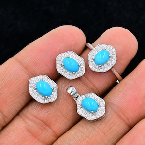 Natural Turquoise Jewelry Set, 925 Sterling Silver, Solitaire Ring, December Birthstone, Turquoise Jewelry, Anniversary Gift, Gift For Her