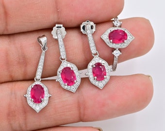 Set di gioielli con rubino naturale ovale tagliato, argento sterling 925, pietra portafortuna di luglio, set di nozze con rubino, set di orecchini ad anello e ciondolo da sposa, regalo per lei