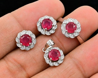 Conjunto de joyas para bodas, conjunto de joyas de rubí natural, plata de ley 925, piedra natal de julio, anillo solitario, colgante llamativo, regalo de cumpleaños para ella