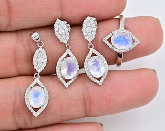 Natural Rainbow Moonstone Faceted Oval Cut Jewelry Set, 925 Sterling Silver Bridal Set, June Birthstone Elegant Design Set, Gift For Wife