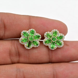 Natural Tsavorite Green Garnet Earrings Studs, 925 Sterling Silver, January Birthstone,14K Yellow Gold Vermeil, Bridal Earring, Gift For her