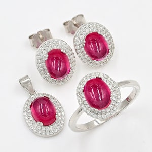 Natural Ruby Cabochon Jewelry Set, 925 Sterling Silver, Solitaire Ring, July Birthstone, Ruby Jewelry, Wedding Jewelry Set, Gift For Her