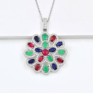 Collier pendentif pierres naturelles rubis émeraude saphir, argent sterling 925, pendentif grappe, pierre de naissance juillet, cadeau d'anniversaire cadeau pour elle