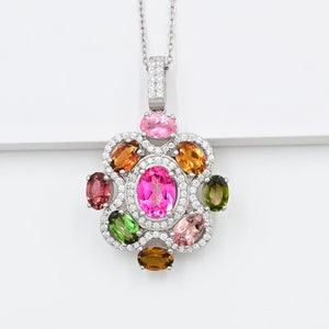 Natural Multi Tourmaline & Pink Topaz Pendant Necklace, 925 Sterling Silver November Birthstone, Charm Pendant, Bridal Pendant, Gift For Her