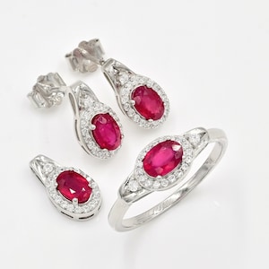 Natural Red Ruby Jewelry Set, 925 Sterling Silver, July Birthstone, Solitaire Jewelry Set, Ruby Jewelry, Wedding Jewelry Set, Gift For Her
