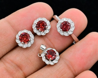 6 MM Round Natural Garnet Jewelry Set, 925 Sterling Silver, January Birthstone, Statement Ring, Charm Pendant, Birthday Gift, Gift For Her