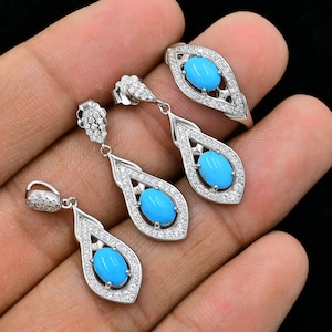 Natural Turquoise Jewelry Set, 925 Sterling Silver, December Birthstone, Solitaire Ring, Wedding Jewelry Set, Anniversary Gift, Gift For Her