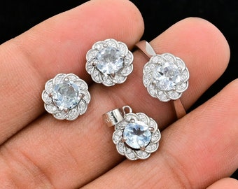 6 MM natürlicher Aquamarin Schmuckset, 925 Sterlingsilber, März Geburtsstein, Solitärring, Brautschmuckset, Geschenk für sie, Geburtstagsgeschenk