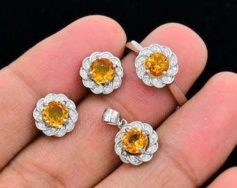 925 Sterling Silver, Natural Citrine Jewelry Set, Solitaire Ring, November Birthstone, Wedding Jewelry Set, Anniversary Gift, Gift For Her