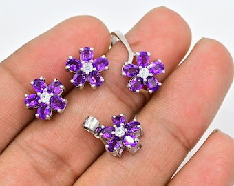 Conjunto de joyas de amatista natural, plata de ley 925, piedra de nacimiento de febrero, anillo, pendiente, colgante, conjunto de joyas de boda, regalo de cumpleaños para ella.