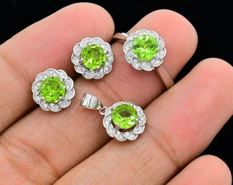 Natuurlijke groene Peridot sieraden set, 925 sterling zilver, augustus geboortesteen, Solitaire ring, vrouwen sieraden set, verjaardagscadeau, cadeau voor haar