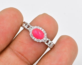 Naturlig rosa opal cabochonring, 925 sterlingsilver, statementring, oktobers födelsesten, ädelstensring, present till flickvän, present till henne