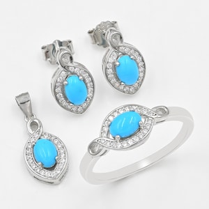 6x4 MM Oval Natural Arizona Turquoise Jewelry Set, 925 Sterling Silver, Solitaire Ring, December Birthstone, Anniversary Gift, Gift For Her