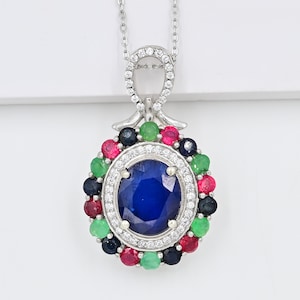 Natural Ruby Emerald Sapphire Pendant Necklace, 925 Sterling Silver, Cluster Pendant, Wedding Pendant, December Birthstone, Gift For Her