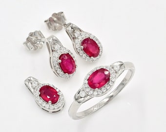 Natürlicher Rubin Schmuckset, 925 Sterling Silber, Juli Birthstone, Solitaire Schmuck, Weihnachtsgeschenk, Rubin Ring Ohrring Anhänger Schmuckset