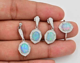 Juego de pendientes y colgante de ópalo etíope natural de 9 x 7 mm, plata de ley 925, llamativo conjunto de joyas de ópalo, piedra natal de octubre, regalo para ella.