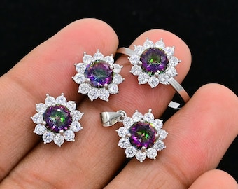 7 MM Round Mystic Topaz Jewelry Set, 925 Sterling Silver, November Birthstone, Solitaire Ring, Bridal Jewelry Set, Birthday Gift For Her