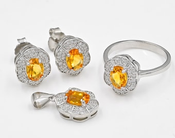 Natural Citrine Jewelry Set, 925 Sterling Silver, Dainty Earring, November Birthstone, Statement Ring, Anniversary Gift, Gift For Her