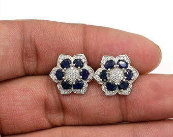 Sapphire Cluster Earrings, Natural Blue Sapphire Earrings Studs, 925 Sterling Silver, September Birthstone, Sapphire Jewelry, Gift For Her