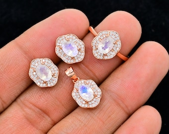 Conjunto de joyas de piedra lunar arcoíris natural, plata de ley 925, anillo solitario, piedra natal de junio, colgante delicado, regalo de aniversario, regalo para ella