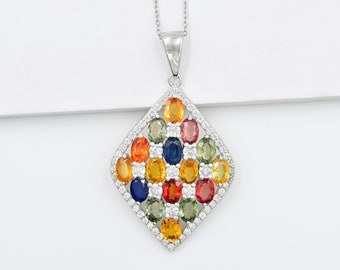 925 Sterling Silver, Natural Multi Sapphire Pendant, Charm Pendant, Sapphire Jewelry, Cluster Pendant, September Birthstone, Gift For Her