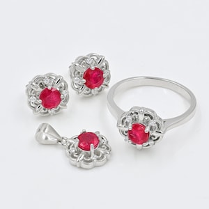 Natural Ruby Jewelry Set, 925 Sterling Silver, Solitaire Ring, Earrings & Pendant Set, July Birthstone, Women Jewelry, Birthday Gift For Her