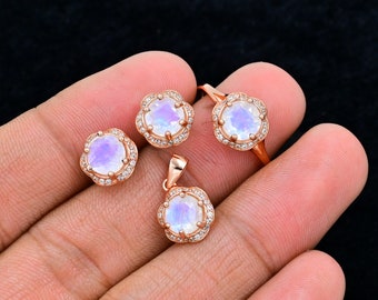 Conjunto de joyas de piedra lunar arcoíris natural, oro vermeil rosa de 14 quilates, plata de ley 925, piedra natal de junio, conjunto de joyas de boda, regalo para ella