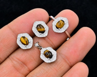 Natural Tiger's Eye Jewelry Set, 925 Sterling Silver, Statement Ring, June Birthstone, Wedding Jewelry Set, Anniversary Gift, Gift For Her