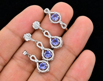5 MM Round Natural Tanzanite Jewelry Set, 925 Sterling Silver, December Birthstone, Statement Ring, Wedding Jewelry Set, Gift For Her Women