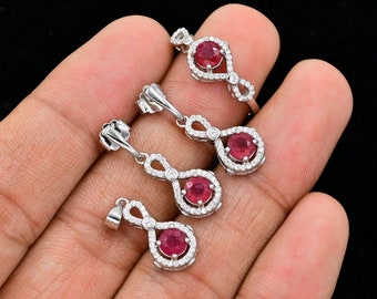 Set di gioielli con taglio rubino rosso naturale, argento sterling 925, pietra portafortuna di luglio, anello di dichiarazione, regalo di anniversario, set di gioielli da sposa, regalo per lei