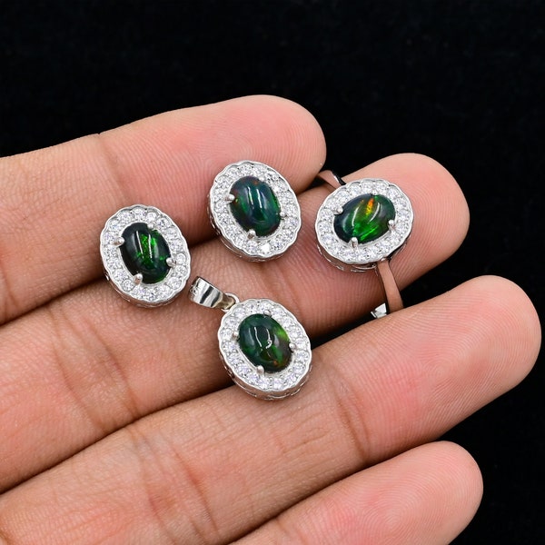 Natural Black Opal Jewelry Set, Ethiopian Welo Opal Cabochon, 925 Sterling Silver, October Birthstone, Wedding Jewelry Set, Gift For Her