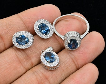 Conjunto de joyas de topacio azul natural ovalado de 6x8 MM, plata de ley 925, piedra de nacimiento de diciembre, anillo de declaración, conjunto de joyas para mujeres, regalo para ella