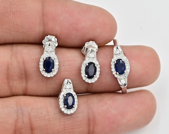 925 Sterling Silver, Natural Sapphire Jewelry Set, September Birthstone, Sapphire Jewelry, Statement Ring, Wedding Jewelry Set, Gift For Her