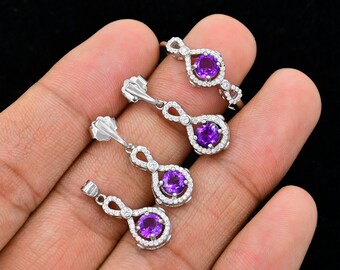 Natural Amethyst Jewelry Set, 925 Sterling Silver, Solitaire Ring, February Birthstone, Amethyst Jewelry, Wedding Jewelry Set, Gift For Her