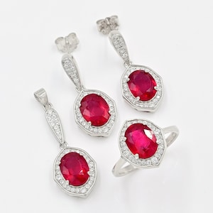 Conjunto de joyas de rubí natural, plata de ley 925, anillo solitario, piedra natal de julio, pendiente delicado, colgante con dije, regalo de aniversario, regalo para ella