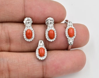 Argent sterling 925, parure de bijoux en corail naturel, parure de bijoux solitaire, pierre de naissance de mai, bijoux en corail, parure de bijoux de mariage, cadeau pour elle