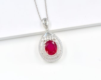 11x9mm Natural Oval Cut Ruby, 925 Sterling Silver Charm Pendant, July Birthstone, Ruby Jewelry, Red Ruby Solitaire Pendant, Gift For Her