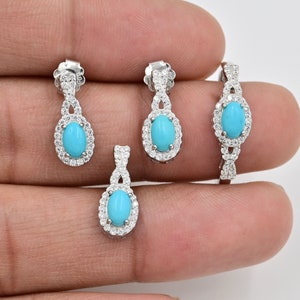 6x4 MM Natural Turquoise Jewelry Set, 925 Sterling Silver, Solitaire Ring, December Birthstone, Charm Pendant, Birthday Gift, Gift For Her