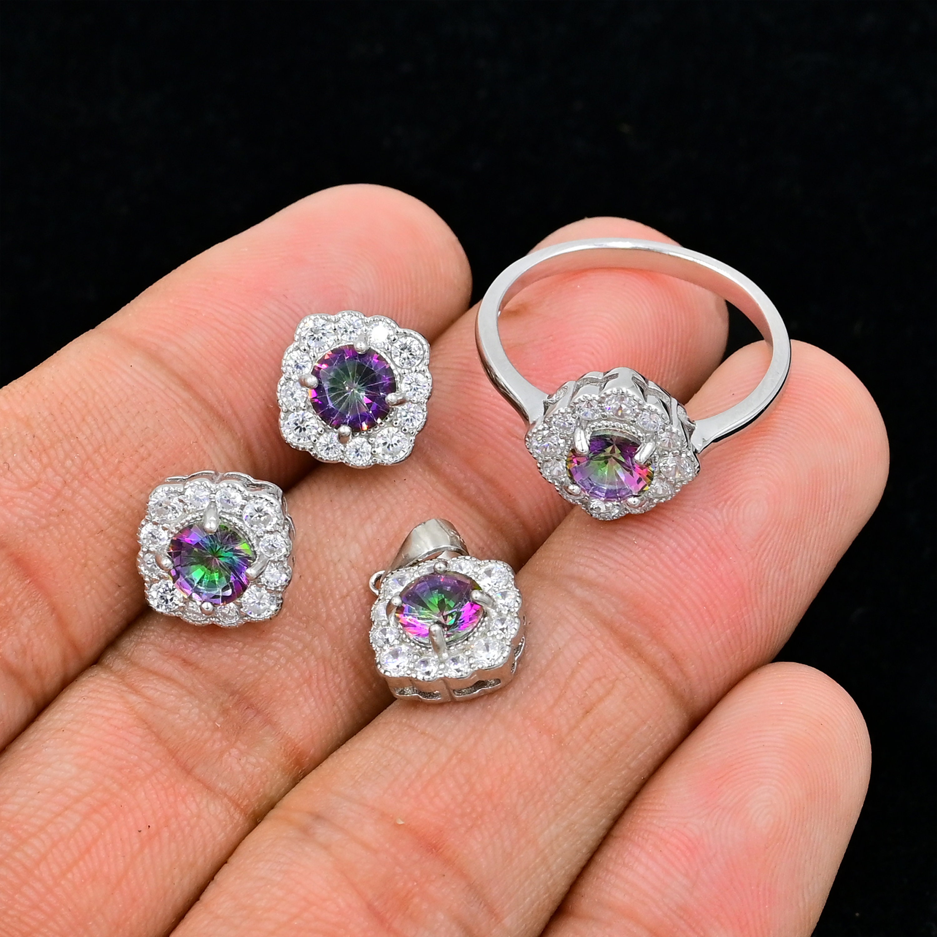 Anello Argento 925 Con Zirconi E Topazio Mistico Taglio Pera Arcobaleno - Foto 4