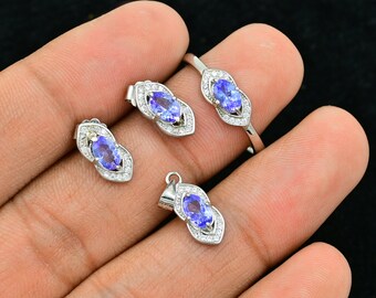 6x4 MM Oval 1.90 CTS. Natural Tanzanite Jewelry Set, 925 Sterling Silver, Tanzanite Pendant, Anniversary Ring, Bridal Jewelry, Gift For Her