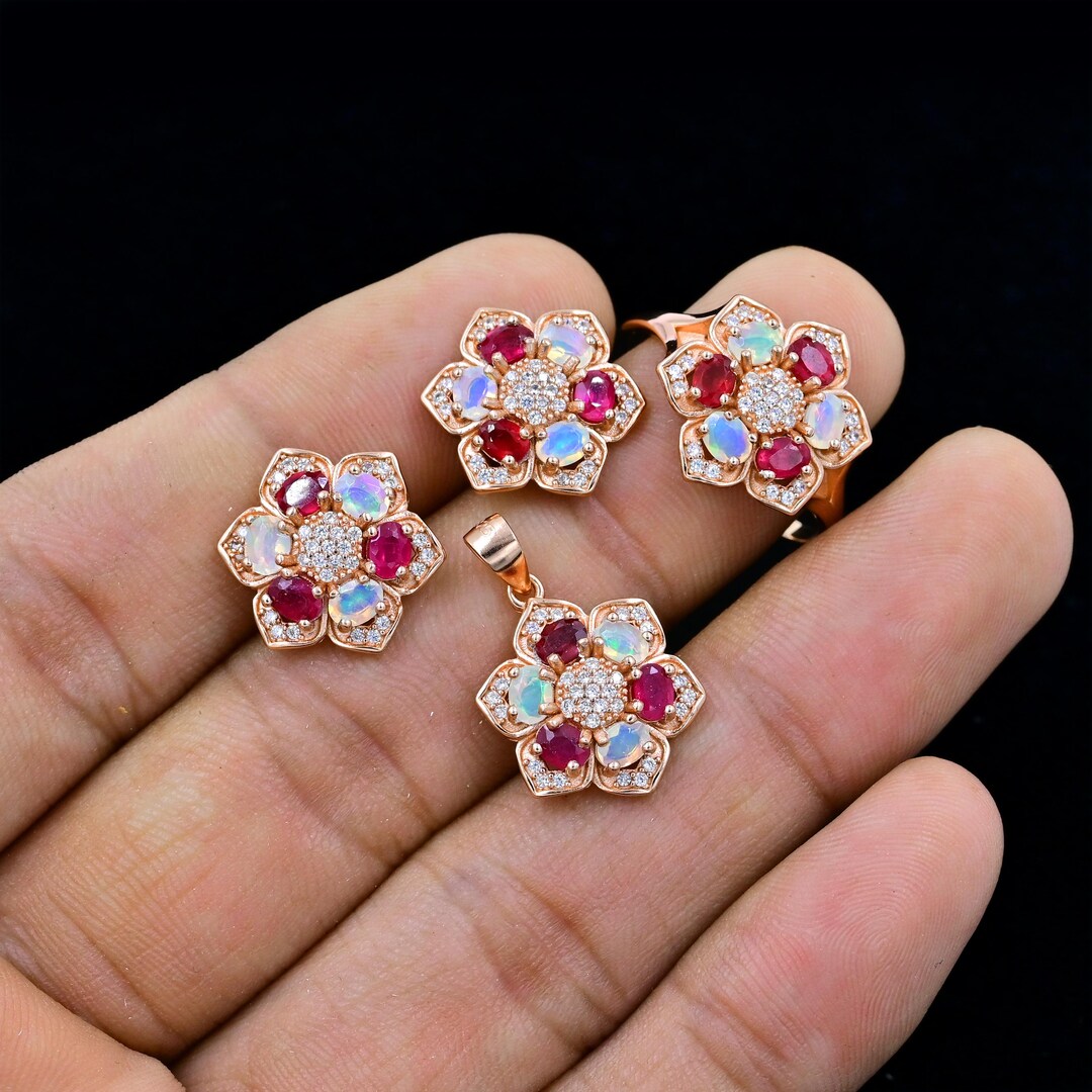 Ruby Fire Set Natural Ruby & Fire Opal Cut Jewelry Set, 925 Sterling Silver ...