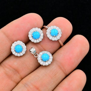 Natural Turquoise Jewelry Set, 925 Sterling Silver, December Birthstone, Solitaire Ring, Wedding Jewelry Set, Anniversary Gift, Gift For Her