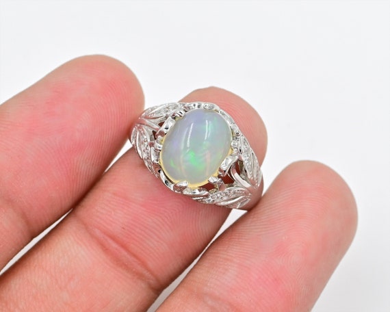 Natural Ethiopian Welo Opal Cabochon Ring, 925 Sterling Silver
