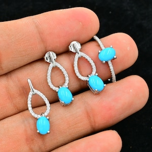 Natural Turquoise Jewelry Set, 925 Sterling Silver, Ring Earrings & Pendant Set, December Birthstone, Sleeping Beauty, Gift For Girlfriend