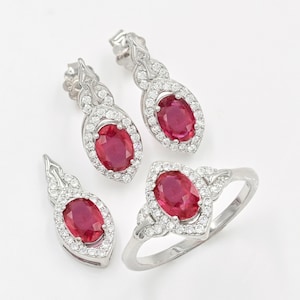 7x5 MM Oval Natural Ruby Jewelry Set, 925 Sterling Silver, July Birthstone, Solitaire Ring, Ruby Jewelry, Anniversary Gift, Gift For Her