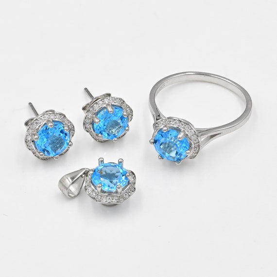 ダイヤモンド付きラウンドスイスブルートパーズソリティアVベールペンダント|14Kイエローゴールド|彼女の為にジュエリーギフト並行輸入